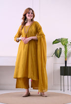 Mustard Mal Cotton A-Line Suit Set with Embellished Dupatta