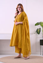 Mustard Mal Cotton A-Line Suit Set with Embellished Dupatta