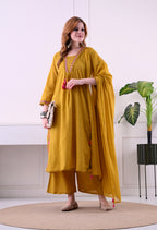 Mustard Mal Cotton A-Line Suit Set with Embellished Dupatta