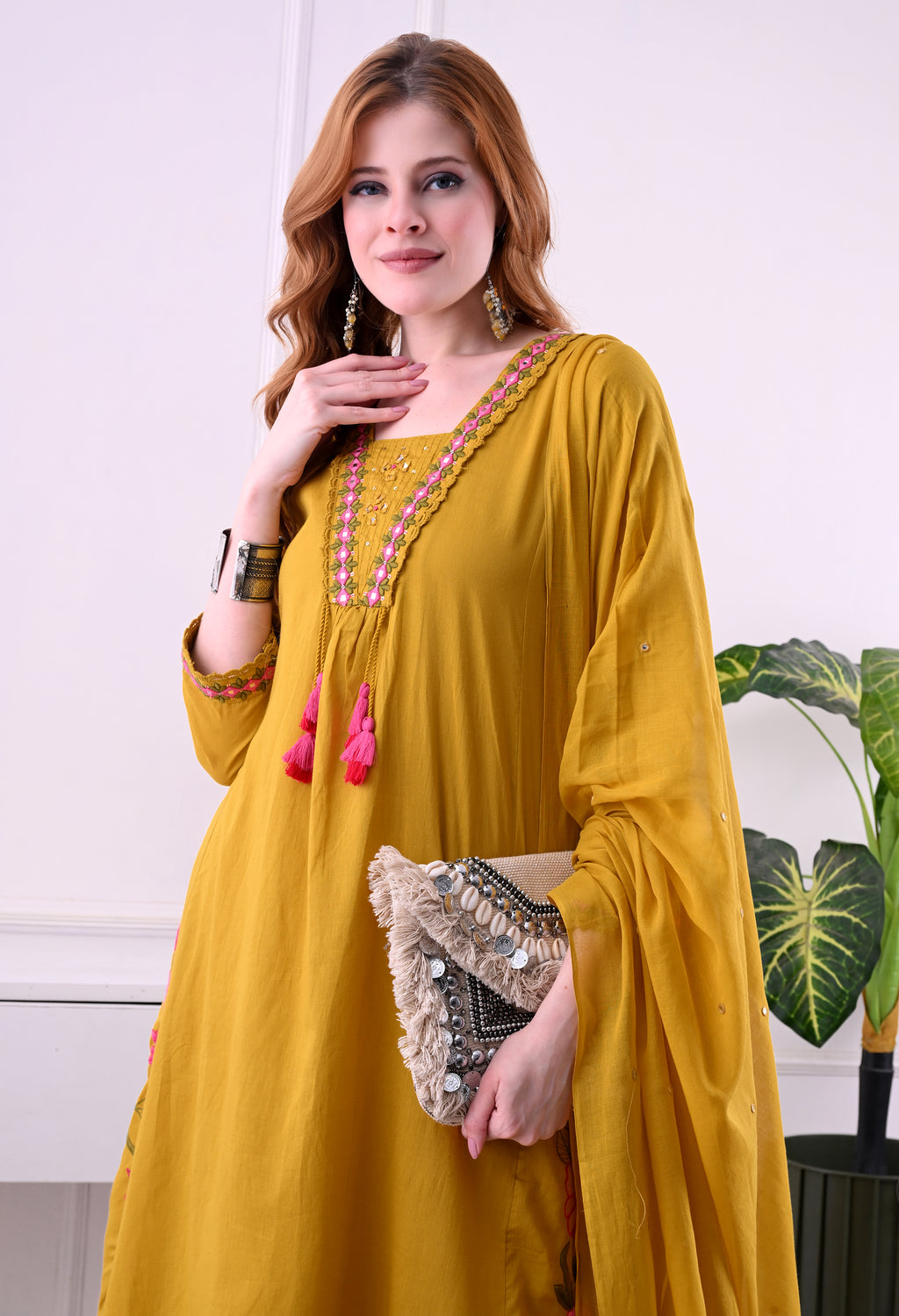 Mustard Mal Cotton A-Line Suit Set with Embellished Dupatta