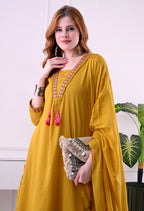 Mustard Mal Cotton A-Line Suit Set with Embellished Dupatta