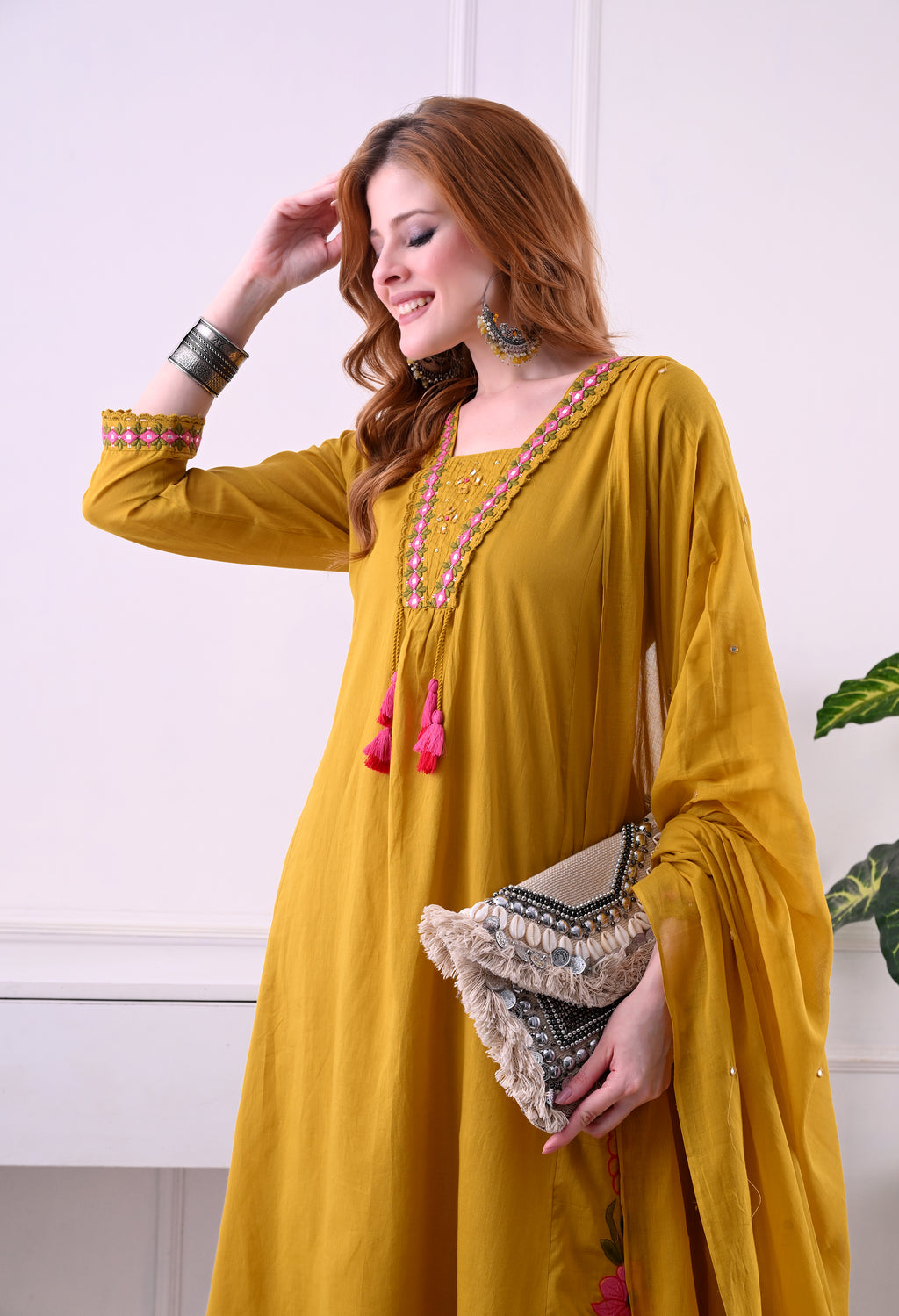 Mustard Mal Cotton A-Line Suit Set with Embellished Dupatta