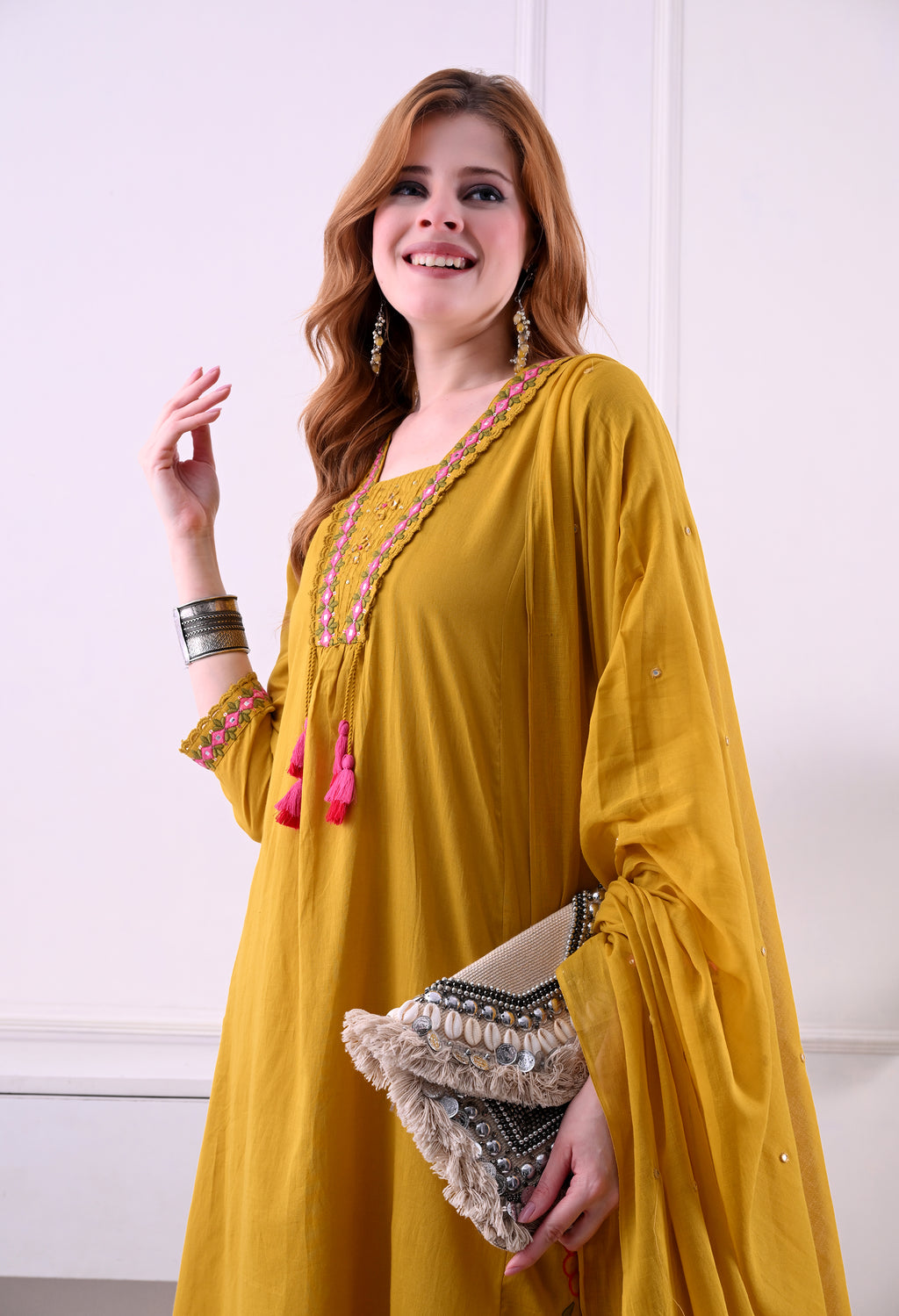Mustard Mal Cotton A-Line Suit Set with Embellished Dupatta