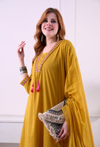 Mustard Mal Cotton A-Line Suit Set with Embellished Dupatta