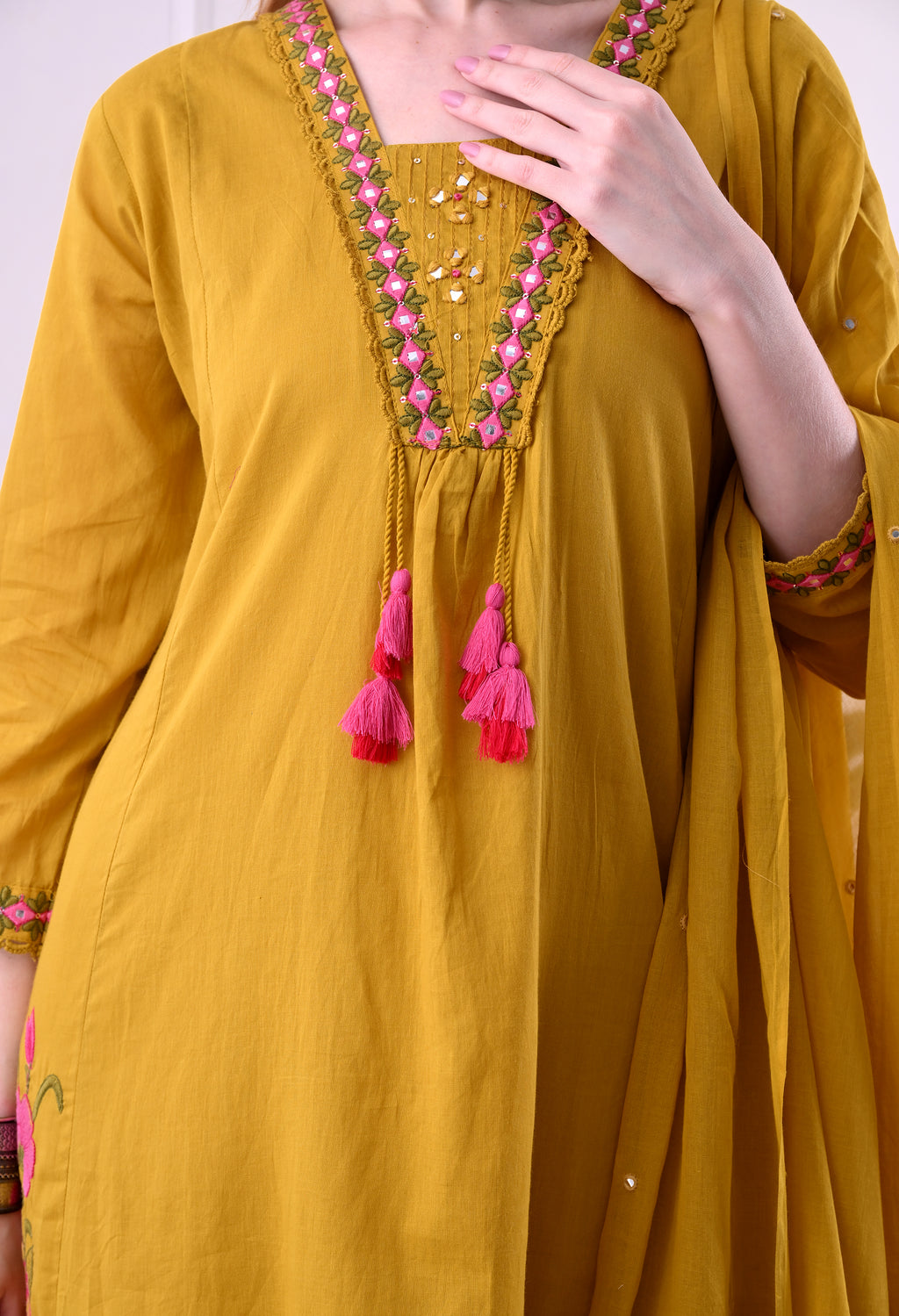 Mustard Mal Cotton A-Line Suit Set with Embellished Dupatta