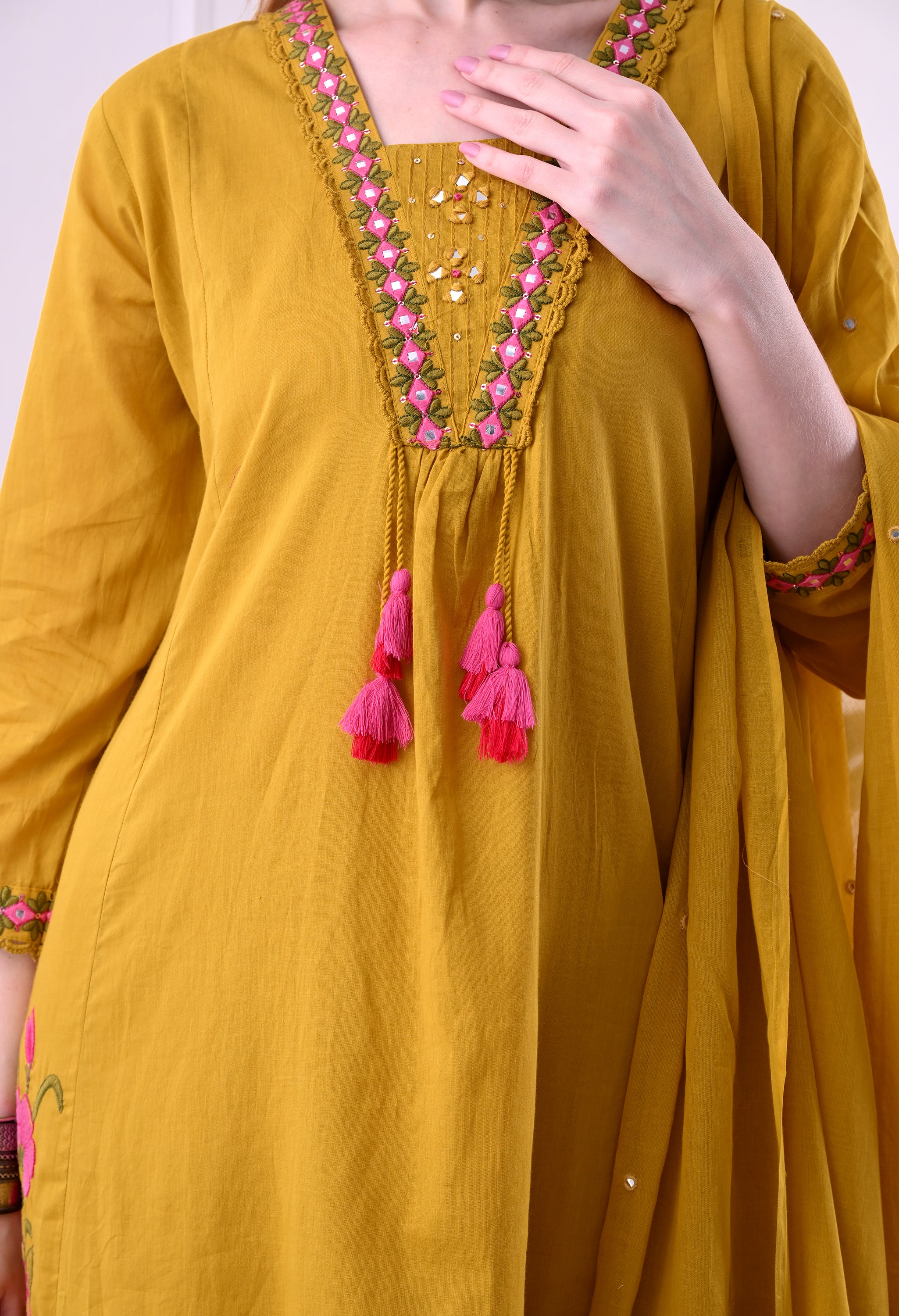Mustard Mal Cotton A-Line Suit Set with Embellished Dupatta