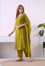 Mehendi Green Ethnic V-Neck Kurti set with blogs print Dupatta