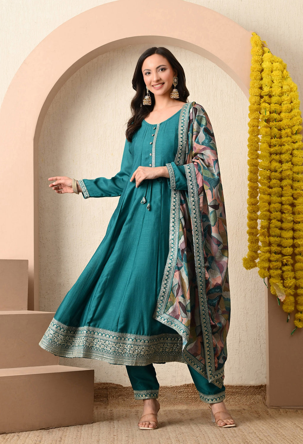 Teal Azure Zari-Work Anarkali Set