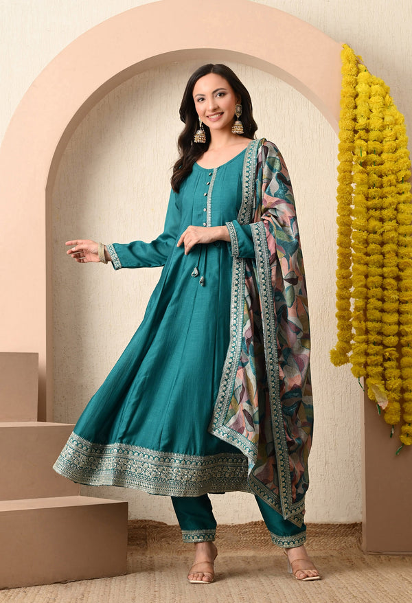 Teal Azure Zari-Work Anarkali Set