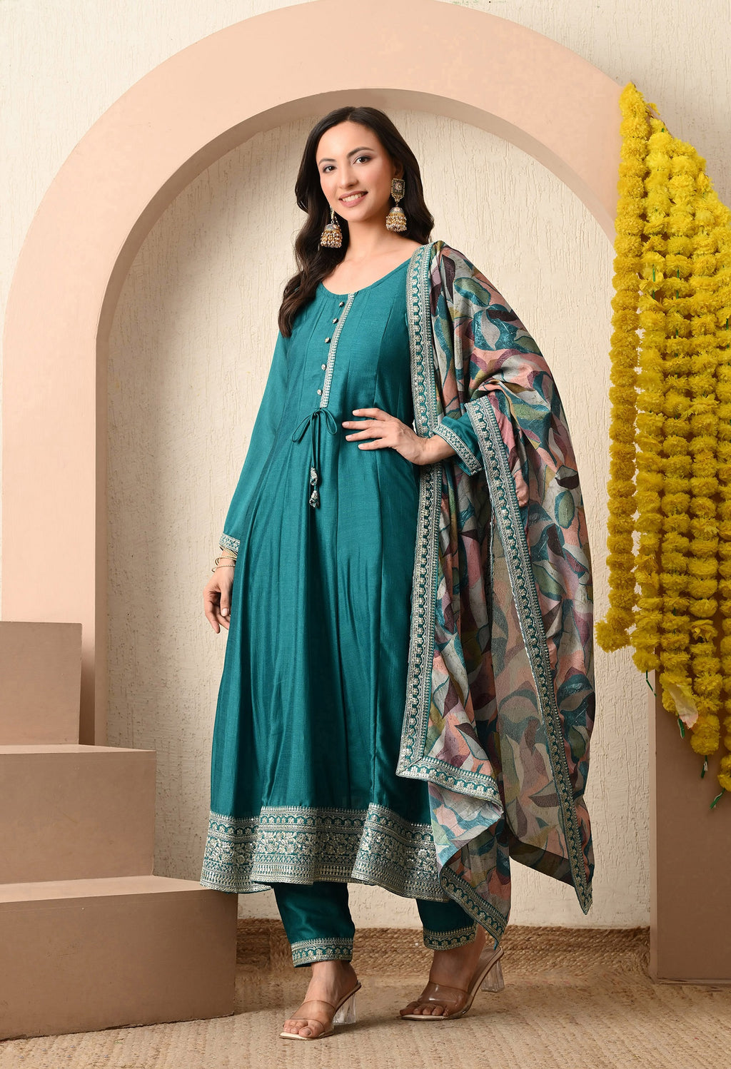 Teal Azure Zari-Work Anarkali Set
