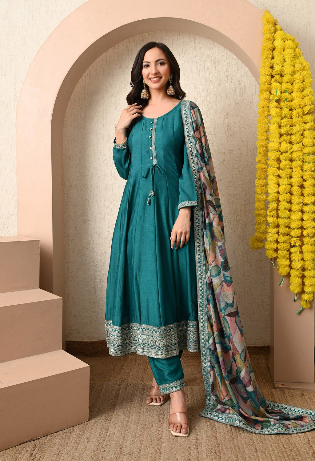 Teal Azure Zari-Work Anarkali Set