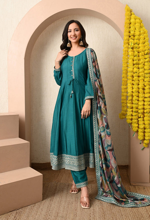 Teal Azure Zari-Work Anarkali Set