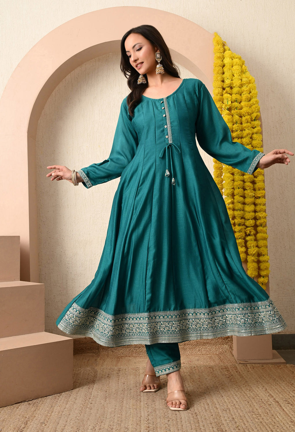 Teal Azure Zari-Work Anarkali Set