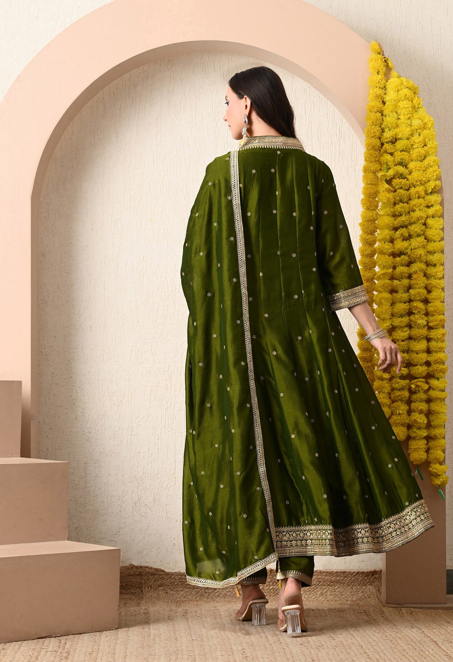 Elegant Olive Green Anarkali Kurta Set