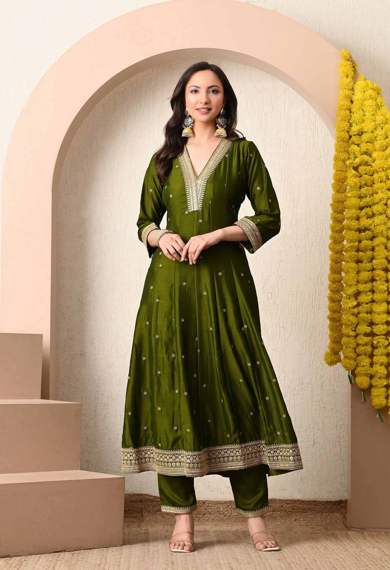 Elegant Olive Green Anarkali Kurta Set