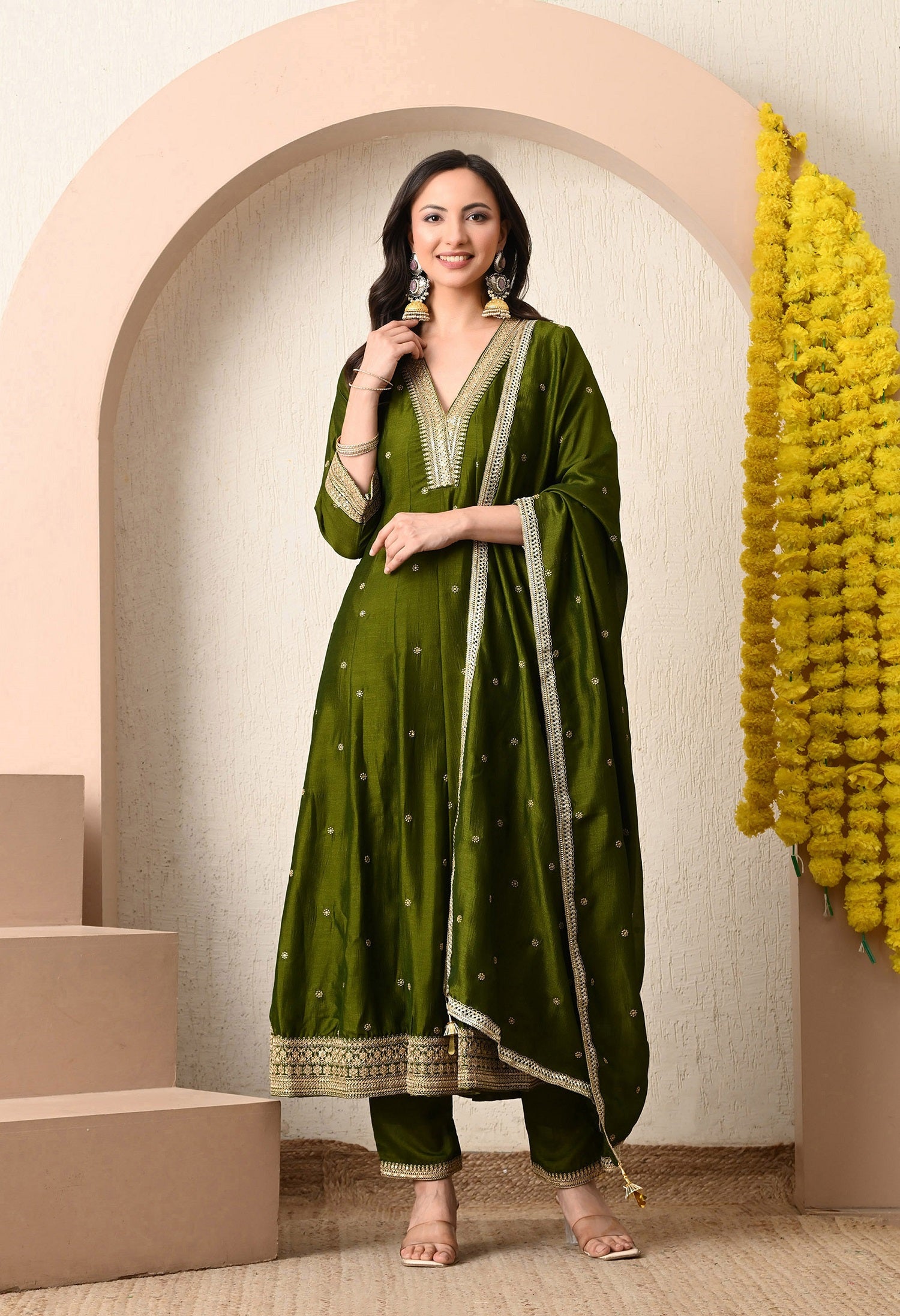 Elegant Olive Green Anarkali Kurta Set