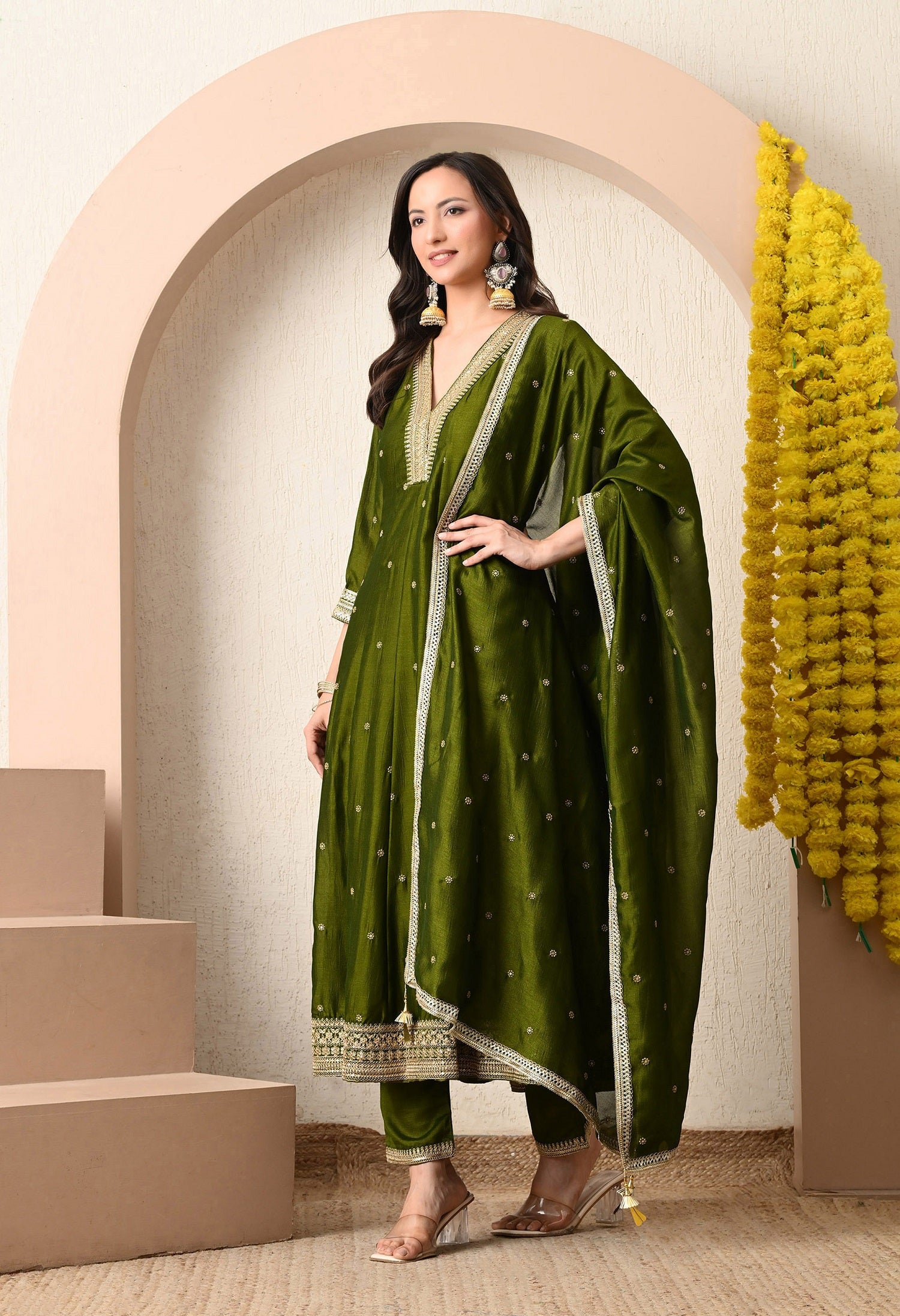 Elegant Olive Green Anarkali Kurta Set
