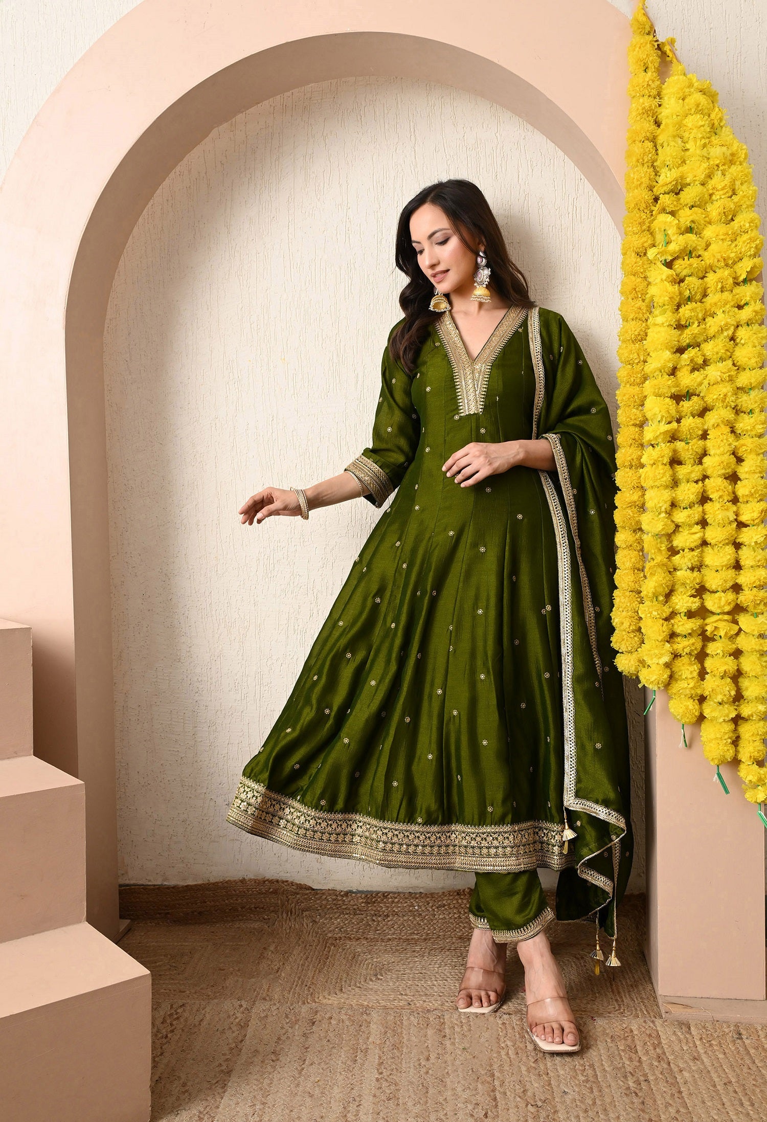 Elegant Olive Green Anarkali Kurta Set