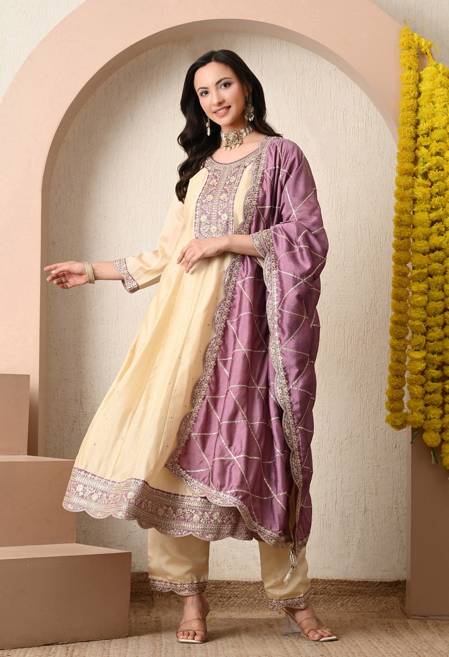 Mauve Embroidered Kurta Set with Dupatta