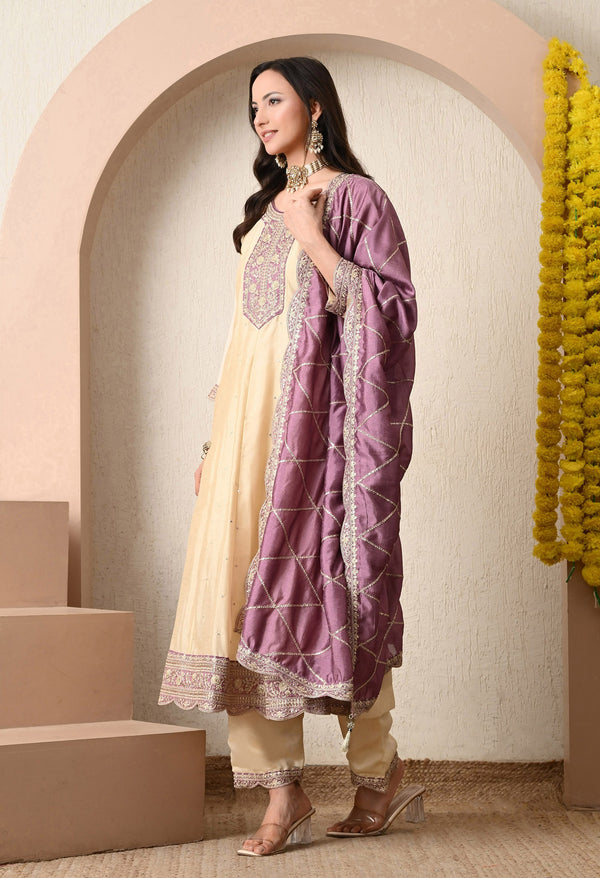 Mauve Embroidered Kurta Set with Dupatta