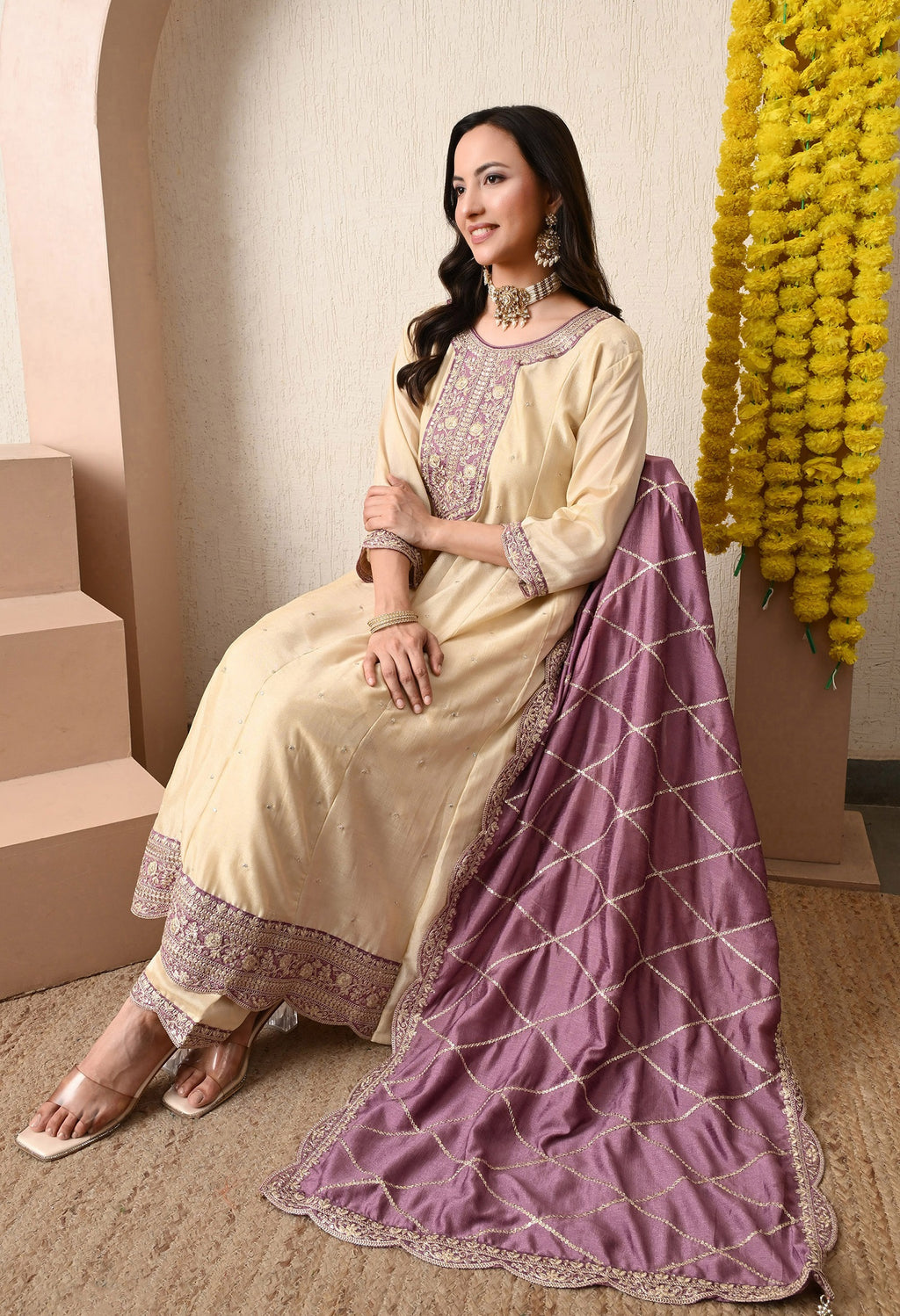 Mauve Embroidered Kurta Set with Dupatta