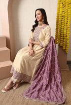 Mauve Embroidered Kurta Set with Dupatta