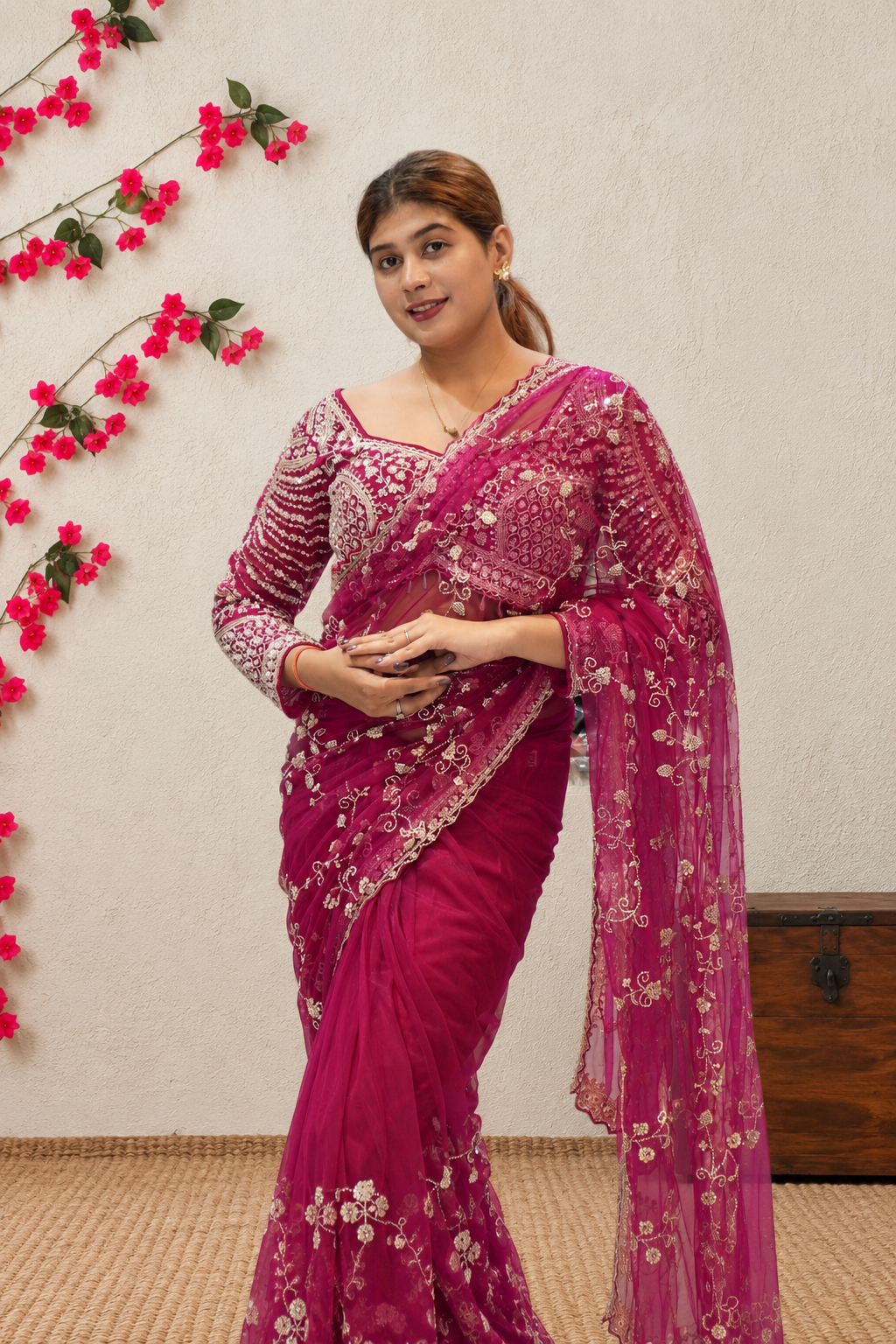 Magenta Pink Embroidered Saree with Stiched Blouse