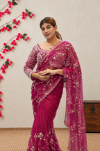 Magenta Pink Embroidered Saree with Stiched Blouse