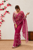 Magenta Pink Embroidered Saree with Stiched Blouse