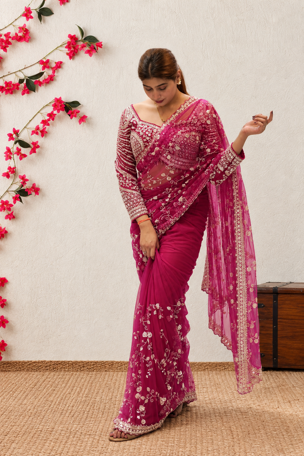 Magenta Pink Embroidered Saree with Stiched Blouse