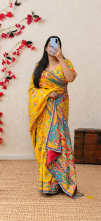 Yellow Heavy Printed Saree with Stitched Blouse