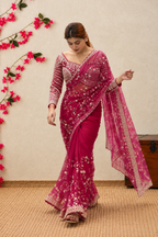 Magenta Pink Embroidered Saree with Stiched Blouse