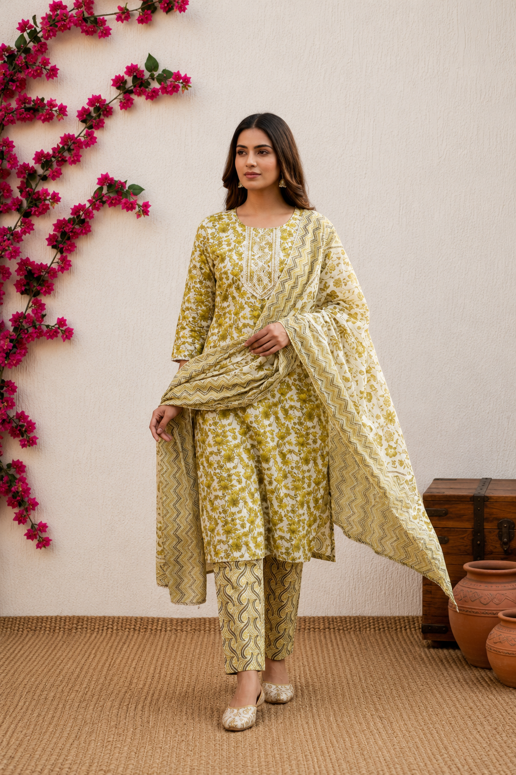 Premium Floral Print Cotton Kurta Pant Set with Dupatta