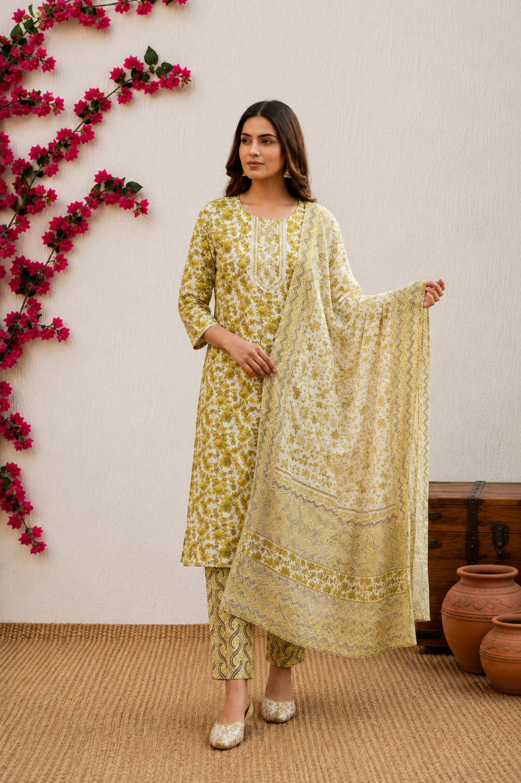 Premium Floral Print Cotton Kurta Pant Set with Dupatta