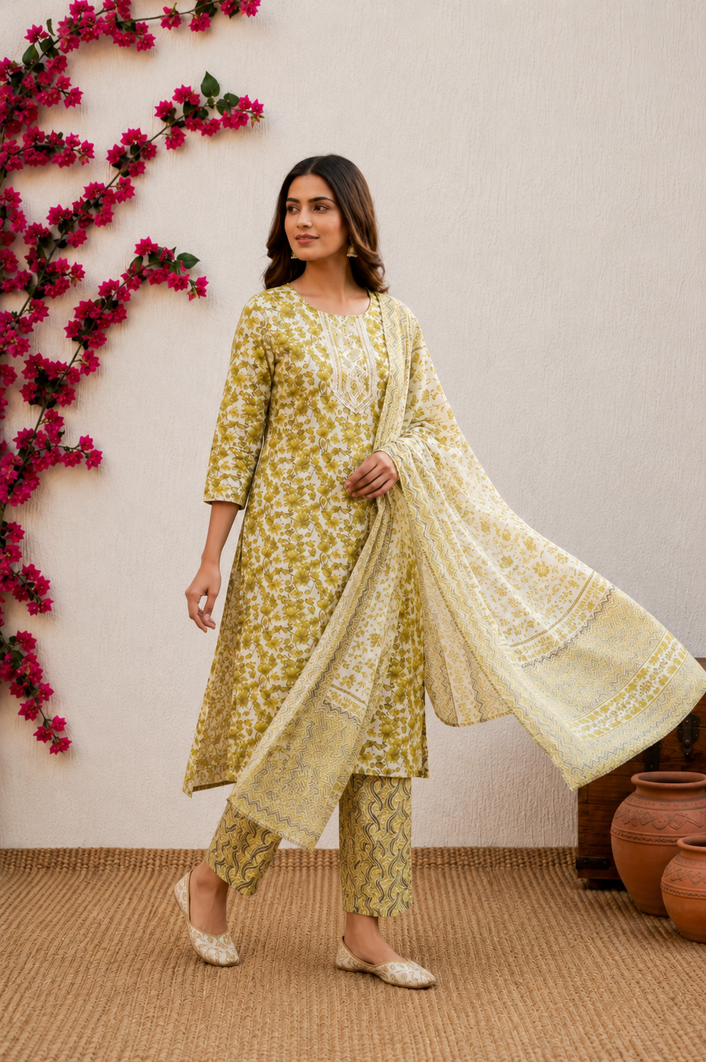 Premium Floral Print Cotton Kurta Pant Set with Dupatta