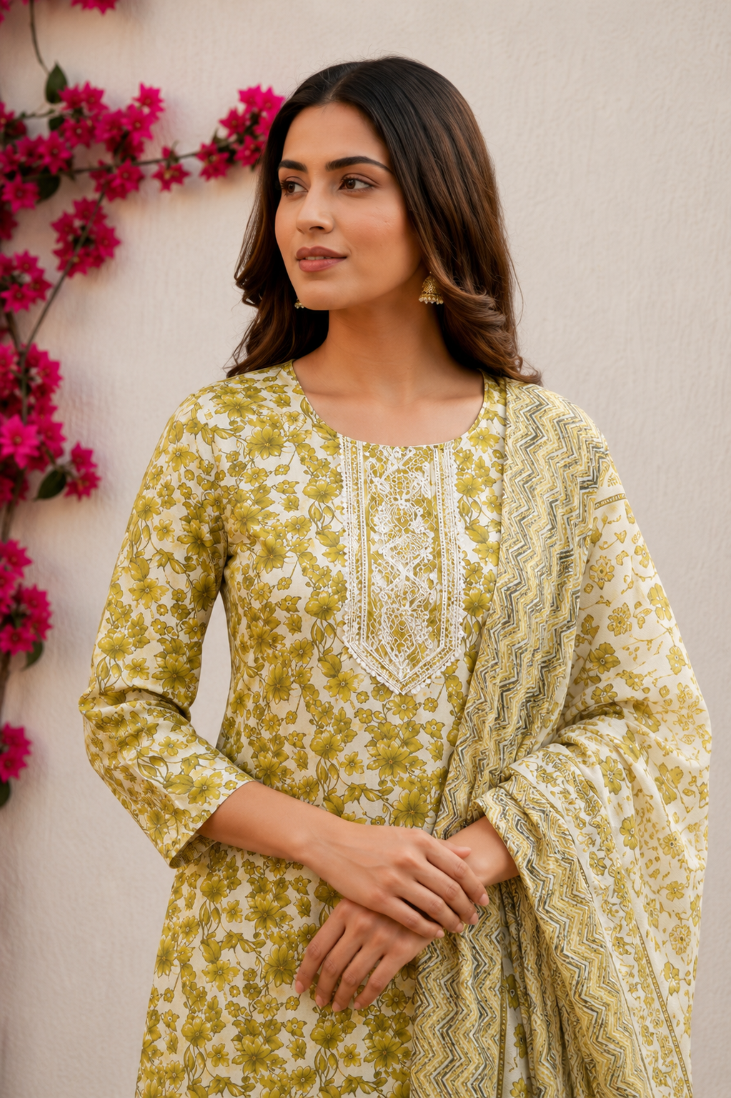 Premium Floral Print Cotton Kurta Pant Set with Dupatta