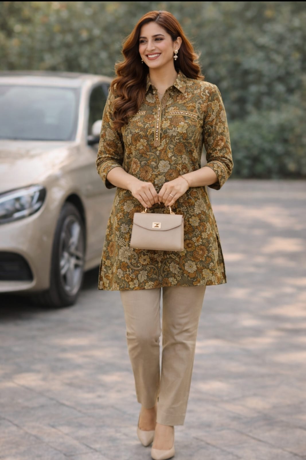 Olive Brown Floral Printed Cotton Kurti with Shirt Collar