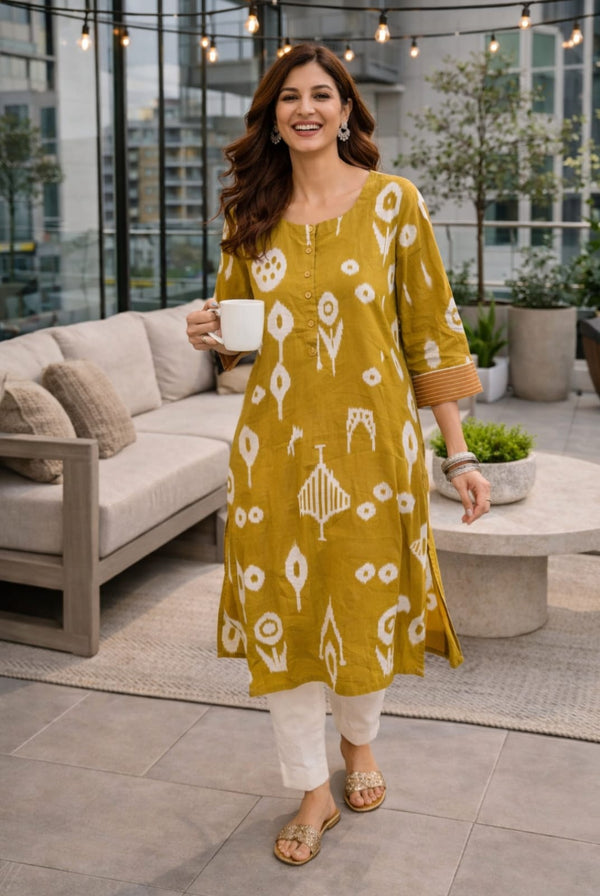 Mustard Yellow Printed Cotton Kurti
