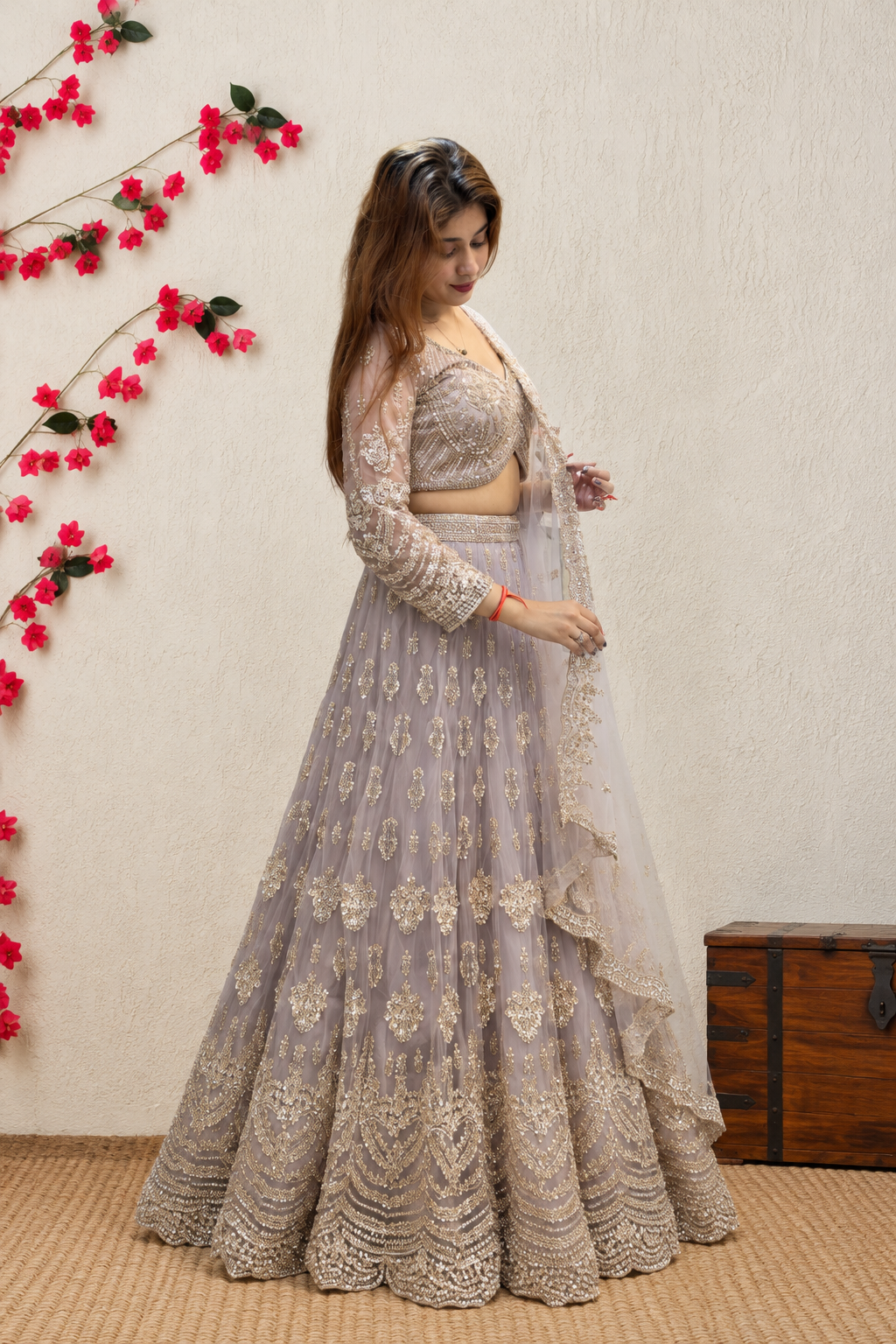 Lavender Grey Embroidered Lehenga Choli with Dupatta