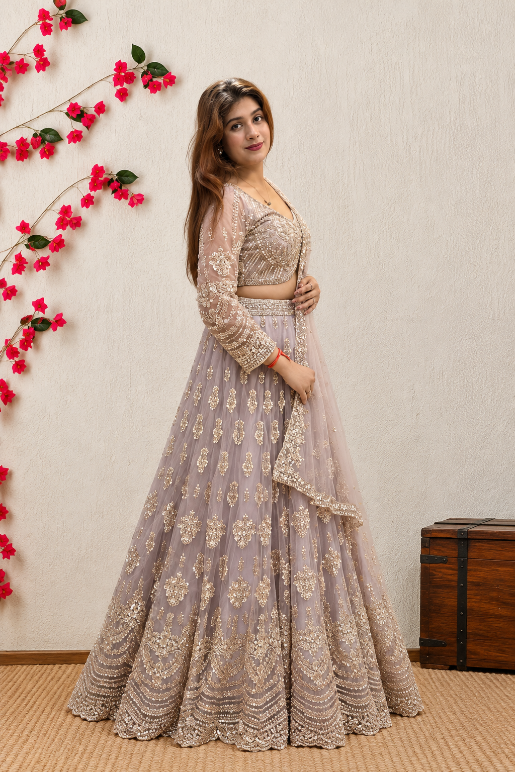 Lavender Grey Embroidered Lehenga Choli with Dupatta