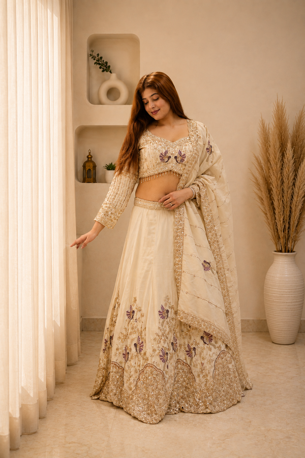 vory Floral Embroidered Silk Lehenga Set with Dupatta
