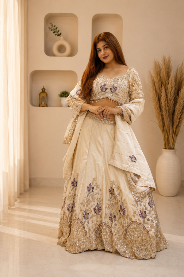 vory Floral Embroidered Silk Lehenga Set with Dupatta