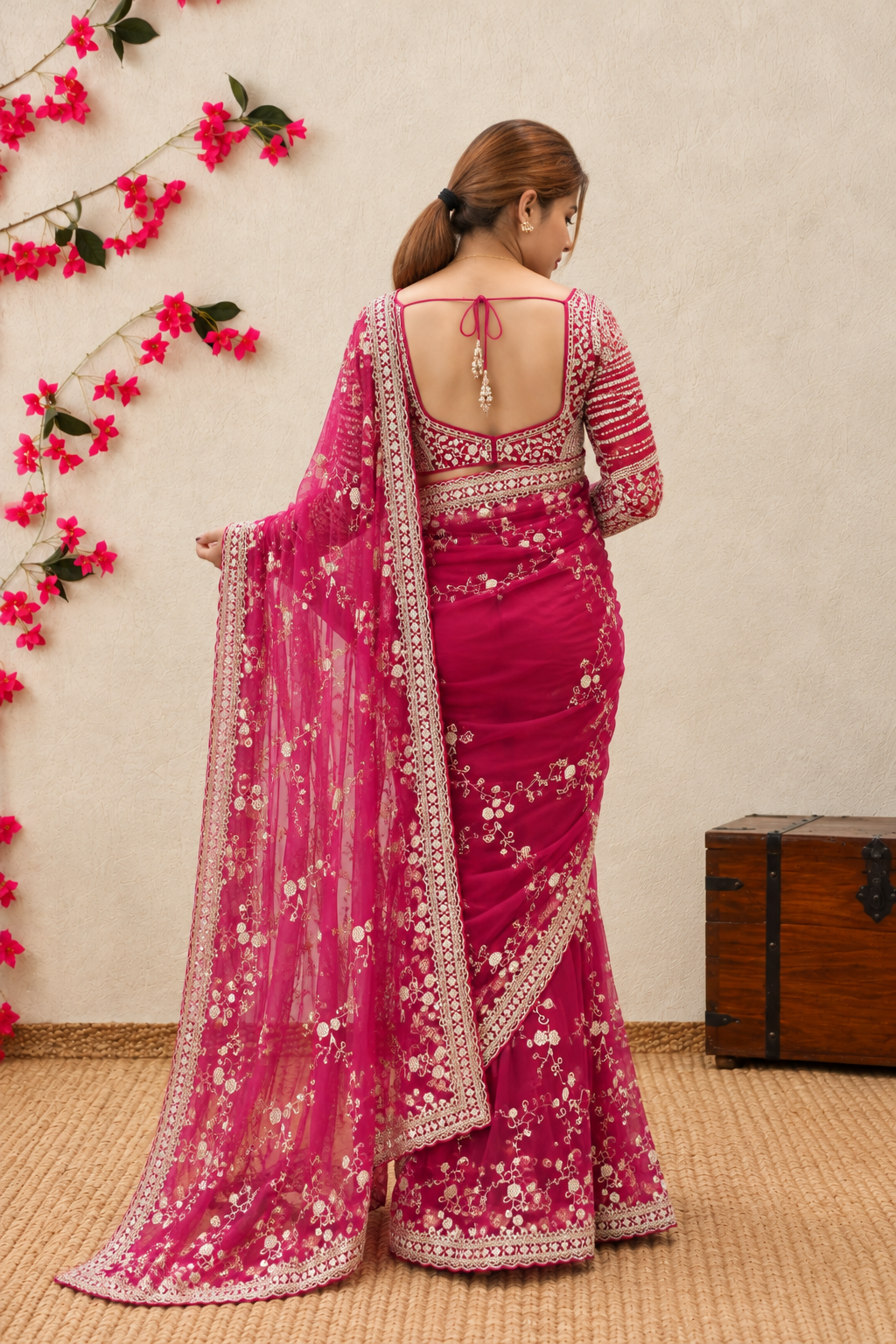 Magenta Pink Embroidered Saree with Stiched Blouse