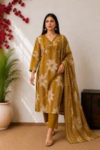 Elegant Musterd Floral & Striped Kurta Set