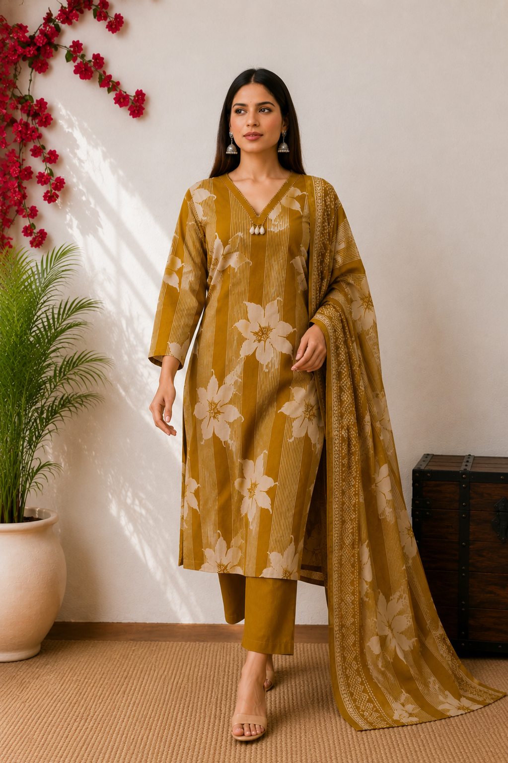 Elegant Musterd Floral & Striped Kurta Set