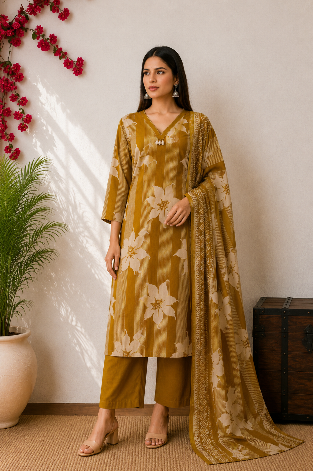 Elegant Musterd Floral & Striped Kurta Set