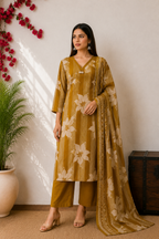 Elegant Musterd Floral & Striped Kurta Set