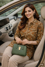 Olive Brown Floral Printed Cotton Kurti with Shirt Collar
