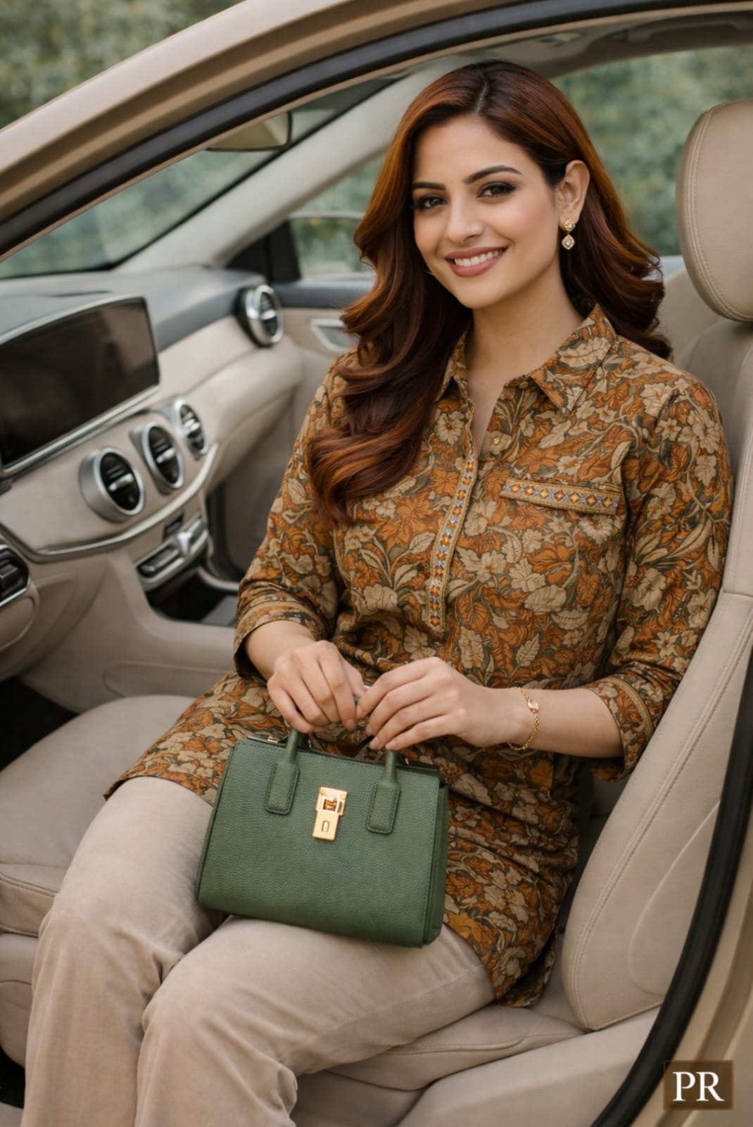 Olive Brown Floral Printed Cotton Kurti with Shirt Collar