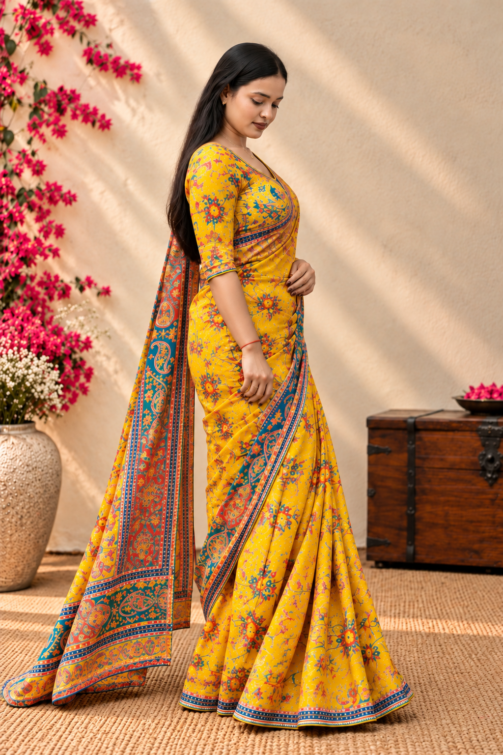 Yellow Heavy Printed Saree with Stitched Blouse